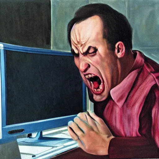 Image similar to an angry man screams at his computer monitor, oil on canvas, 1 9 6 7, highly detailed