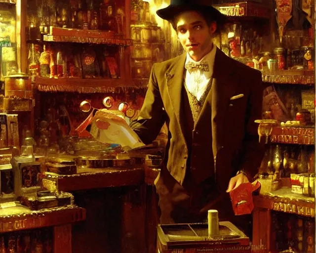 Image similar to attractive magician man, in magic shop. highly detailed painting by gaston bussiere, craig mullins, j. c. leyendecker