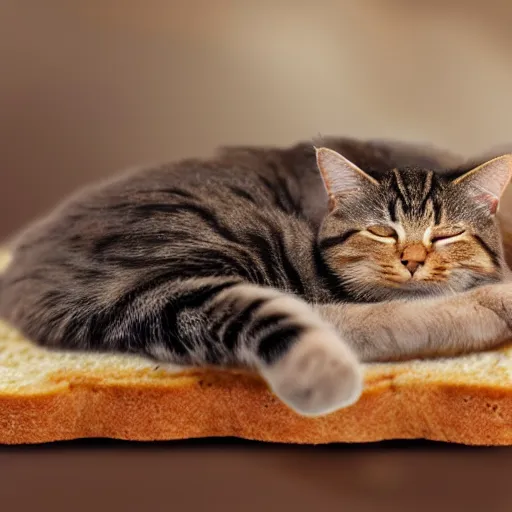 Image similar to a cat sleeping on the toast,realistic,award winning photograph,ultra realism,4k