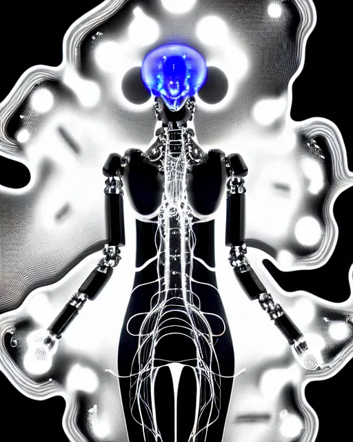 Image similar to black and white cyborg-jellyfish goddess high quality photo, microchip, artificial intelligence, bio-mechanical bio-luminescence, black wired cables, neurons, nerve cells, octane render, cinematic, rim light, hyper realism, photo-realistic, high detail, 8k, masterpiece, high fashion, in the style of Steven Meisel and Dora Maar and H.G. Giger