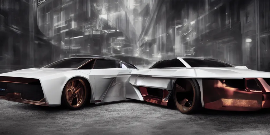 Image similar to a design of a futuristic DMC Delorian, designed by Polestar, blade runner background, stained antique copper car paint, white wheel rims, black windows, sportscar, dark show room, dramatic lighting, hyper realistic render, depth of field