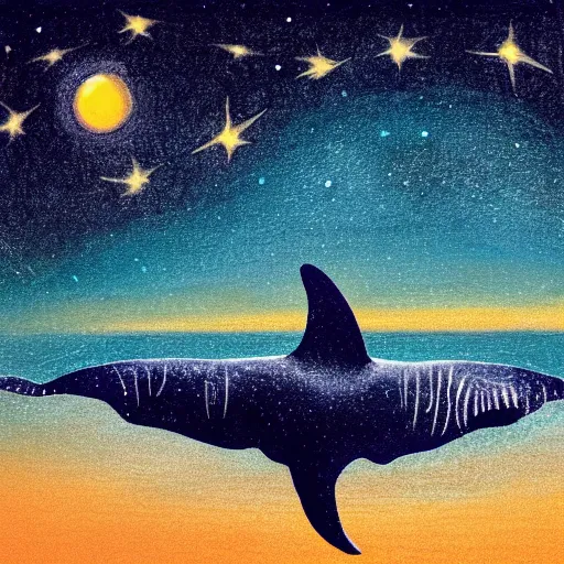 Image similar to portrait of whale swimming on a starry night sky, swimming across the universe, oniric, dreamy, beautiful,