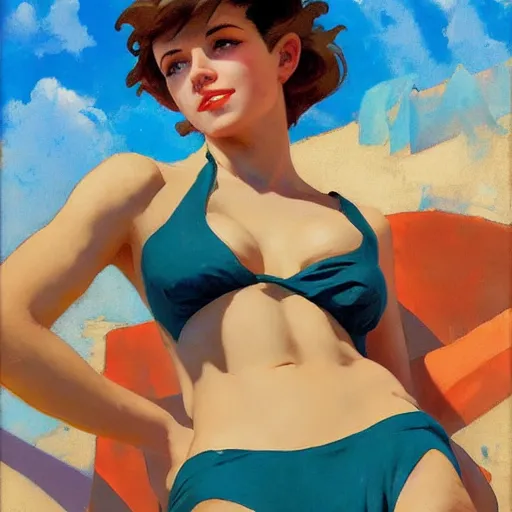 Image similar to greg manchess painting of tracer wearing a 1 9 2 0 s bikini in a beach, medium shot, organic painting, sunny day, bold shapes, hard edges, street art, trending on artstation, by huang guangjian and gil elvgren and sachin teng and artgerm and greg rutkowski and alphonse mucha