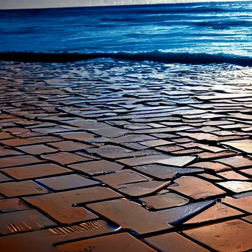 Prompt: broken tile art formed to look like a sun setting on the ocean