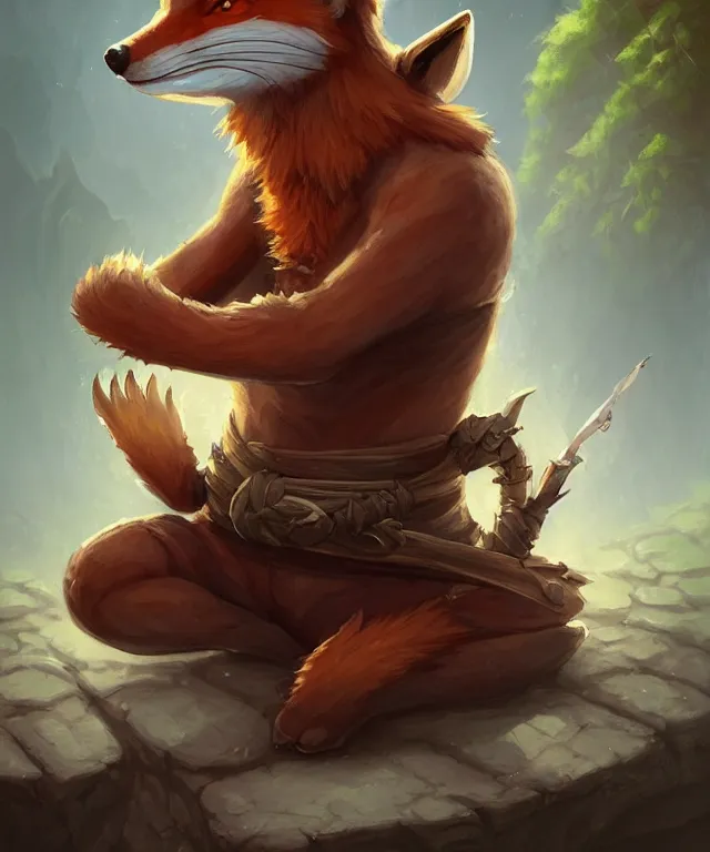 Prompt: a portrait of an anthropomorphic ninja fox meditating, sitting by a river, cute and adorable, dnd character art portrait, well rendered matte fantasy painting, deviantart artstation, by jason felix by steve argyle by tyler jacobson by peter mohrbacher, cinematic lighting
