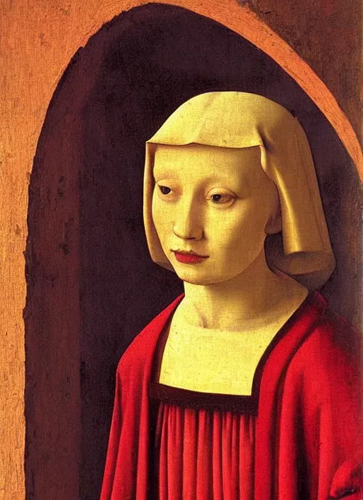 Image similar to red candle, medieval painting by jan van eyck, johannes vermeer, florence