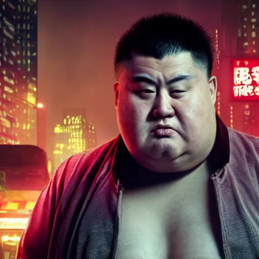 Image similar to very fat very obese half-chinese half-caucasian crime boss, scifi cyberpunk, movie still