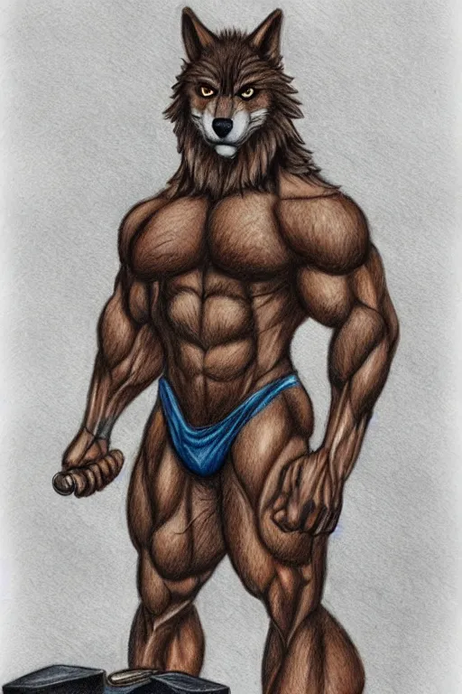 Prompt: master furry artist colored pencil drawing full body portrait character study of the anthro male anthropomorphic wolf fursona animal person bodybuilder at gym