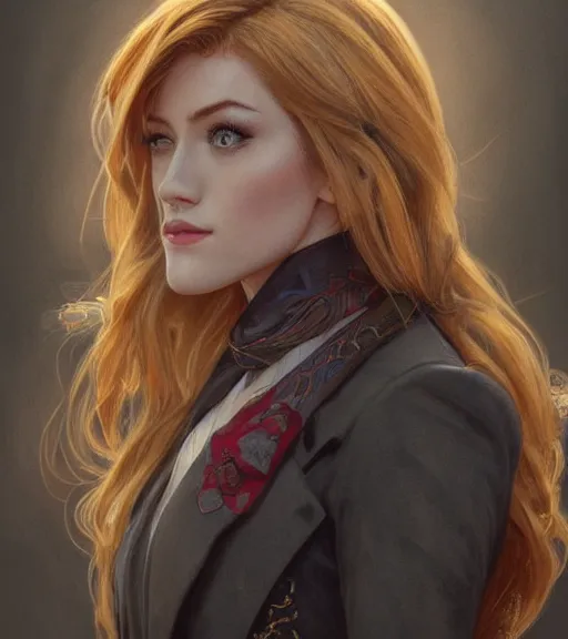 Image similar to katherine mcnamara wearing a golden dress, grey hair, red necktie, cinematic, stunning, highly detailed, digital painting, artstation, smooth, hard focus, full body shot, illustration, art by artgerm and greg rutkowski and alphonse mucha