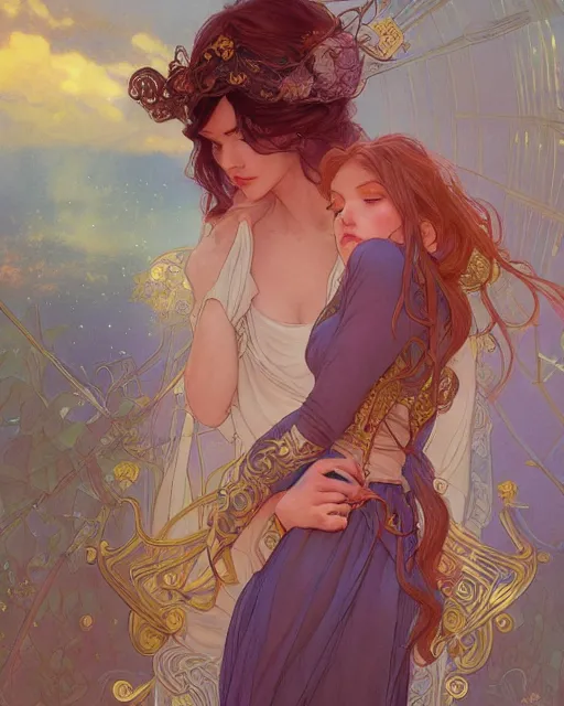 Image similar to secret romance, highly detailed, gold filigree, romantic storybook fantasy, soft cinematic lighting, award, disney concept art watercolor illustration by mandy jurgens and alphonse mucha and alena aenami, pastel color palette, featured on artstation