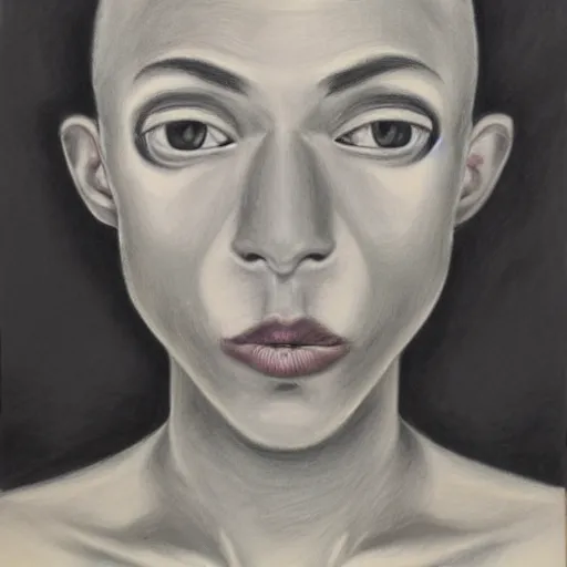 Image similar to charcoal portrait of androgynous human with a strange face. precisionism, charcoal drawing, surrealist, genderless