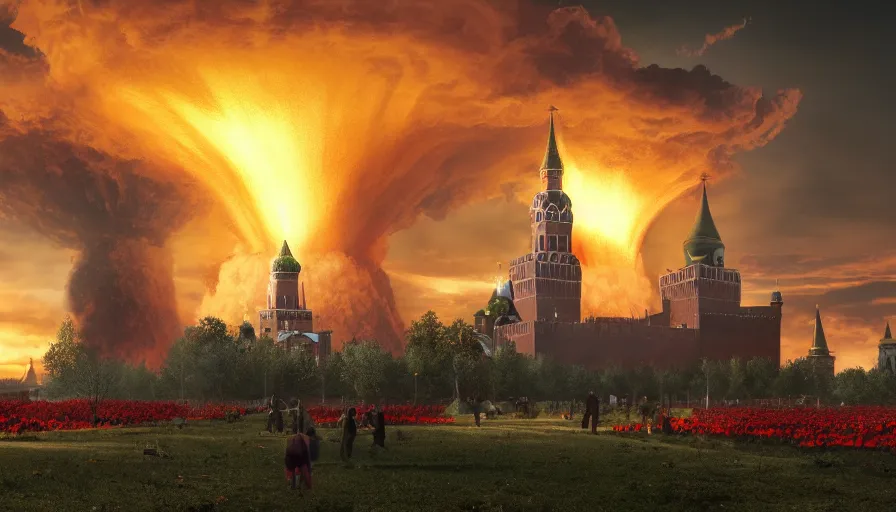 Image similar to a big nuclear explosion with realistic nuclear mushroom in Red Square Kremlin, cinematic, extremely high detail, photo realistic, cinematic lighting, post processed, concept art, artstation, matte painting, unreal engine 8k