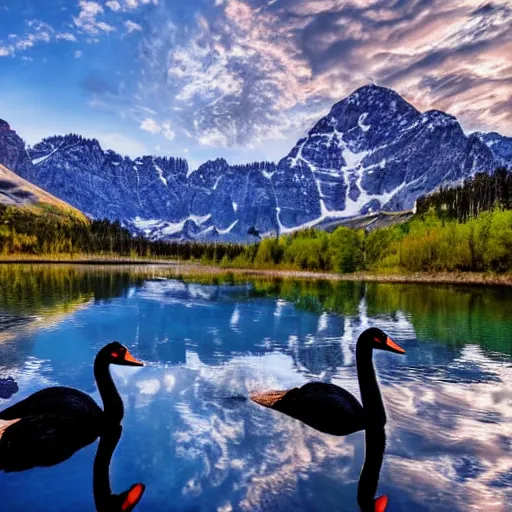 Image similar to photo of two black swans touching heads in a beautiful reflective mountain lake, a colorful hot air balloon is flying above the swans, hot air balloon, intricate, 8k highly professionally detailed, HDR, CGsociety