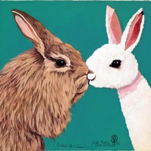 Prompt: a rabbit lovingly kissing a realistic alpaca's cheek in the style of gifford beal