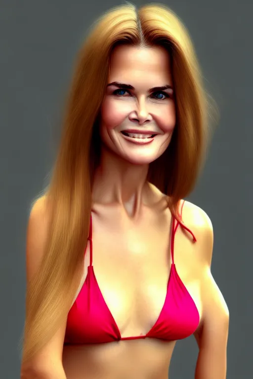 Image similar to mix of beautiful young maria shriver, mariel hemmingway, brooke shields, nicole kidman and elle macpherson as a young bikini model, thin lips, hair tied up in a pony tail, dark blonde hair, colorful, artstation, cgsociety