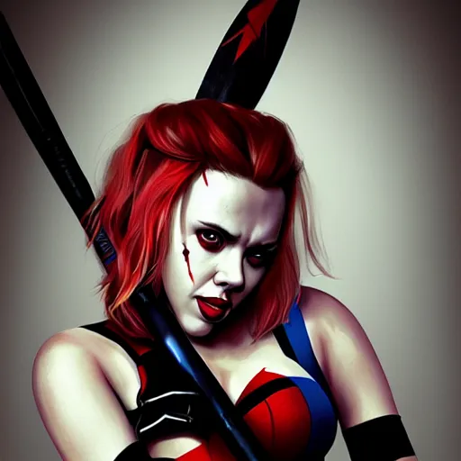 Prompt: Scarlett Johansson as Harley Quinn, holding bat, digital, artstation