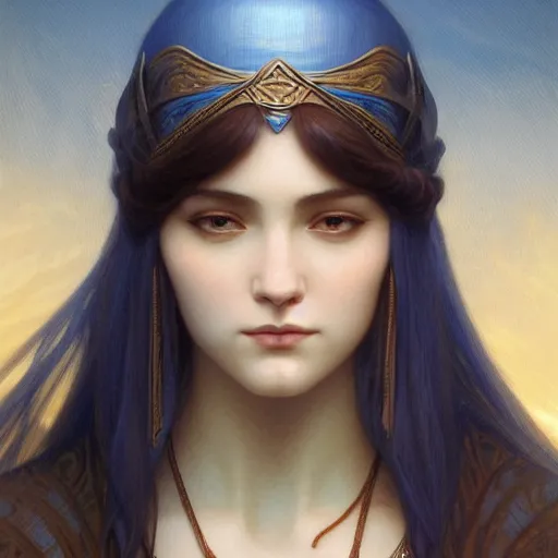 Prompt: blue numenor at sunset, intricate, elegant, highly detailed, digital painting, artstation, concept art, smooth, sharp focus, illustration, art by artgerm and greg rutkowski and alphonse mucha and william - adolphe bouguereau