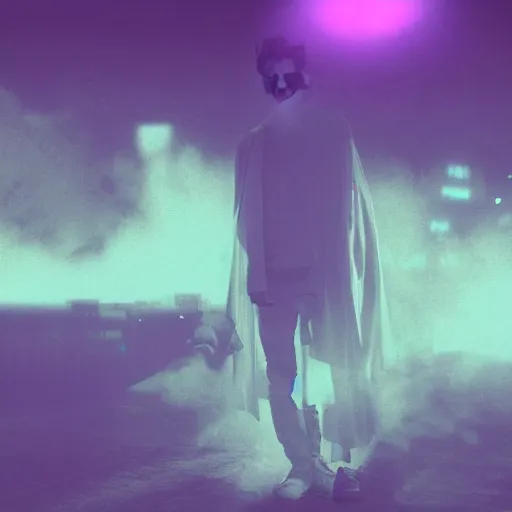 Image similar to digital portrait of ghost under a sheet, plume of marijuana cigarette smoke, floating over a city sidewalk, bright neon city night lights, spooky Halloween fun, trending on artstation, 8k, 4k, volumetric lighting, unity