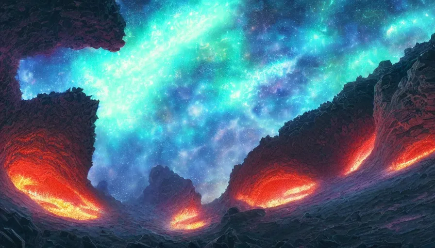 Image similar to A highly detailed digital art painting of a volcanic chasm at night, filled with glowing lava, shimmering starry nebula sky by Studio Ghibli, Makoto Shinkai, by Artgerm, by beeple, volumetric lighting, octane render, 4K resolution, trending on artstation, masterpiece, vivid colours