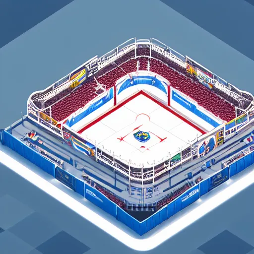 Prompt: Huge hockey arena game illustration, aerial view, isometric Voxel, pixel art, Blizzard, EASports, intricate, elegant, highly detailed, digital painting, artstation, 3d, concept art, smooth, sharp focus, art by Roman Klco and Shadow Run, brightly lit cinematic soft lighting, 4k