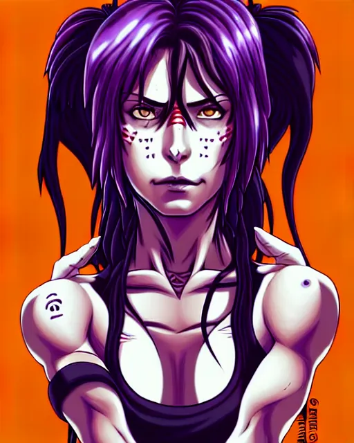 Prompt: a portrait of revy from black lagoon, dilraba dilmurarevy, smirk, black tank top, jean shorts, brown eyes, purple hair, tribal tattoos right arm sleeve, symmetrical eyes, symmetrical face, art by lois van baarle and loish and ross tran and rossdraws and sam yang and artgerm