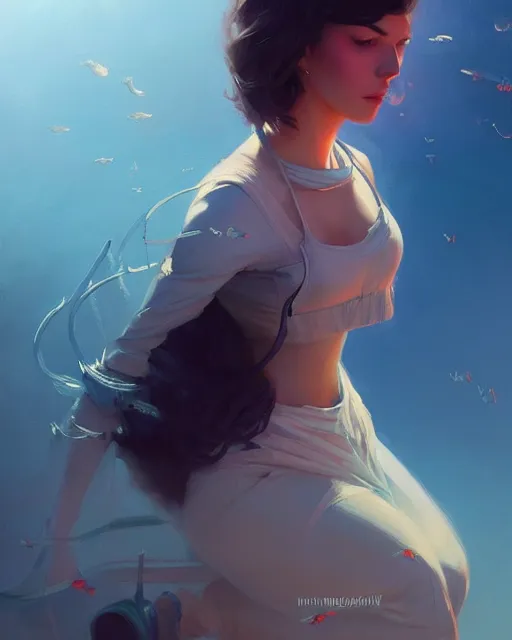 Prompt: masterpiece concept art, a beautiful highly detailed whalepunk lady fly near techno world, emotional, cinematic moody colors, realistic shaded lighting poster by ilya kuvshinov, magali villeneuve, artgerm, jeremy lipkin and michael garmash and rob rey,