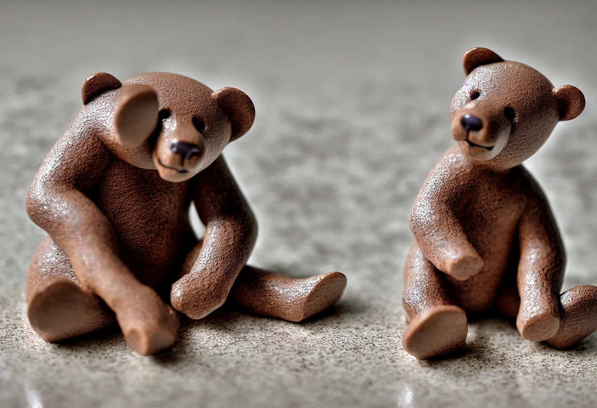 Image similar to clay bear figurine on marble table, highly detailed photo, hyper realism, low depth of field