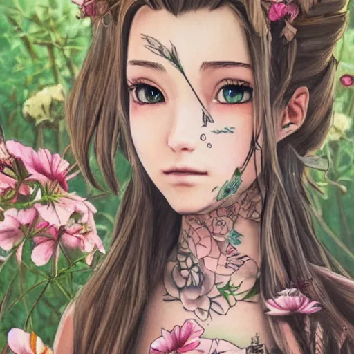 Image similar to concept art of aerith gainsborough with tattoos, amongst flowers, high quality, detailed, trending on artstartion