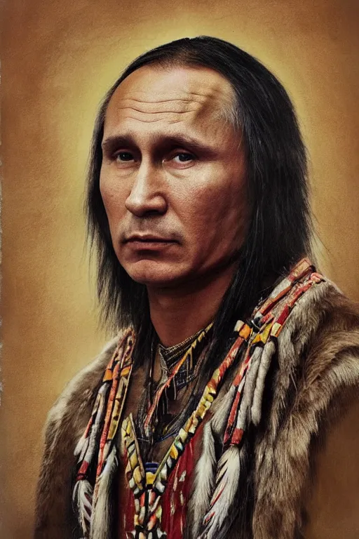 Prompt: Photo of Native American indian man Vladimir Putin, portrait, skilled warrior of the Apache, ancient, realistic, detailed, Emma Watson