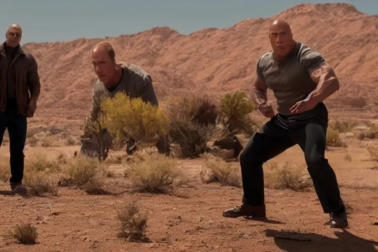 Prompt: dwayne johnson shooting bob odenkirk in the desert, movie still, photorealistic, detailed realistic bodies, realistic faces, clea composition