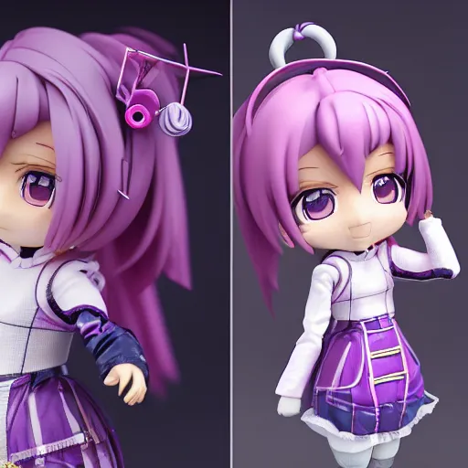 Prompt: portrait of a anime and chibi very cute doll with purple jacket design by xkung work, nendoroid, kawaii, cyberpunk fashion, character modeling, 7 0 mm lens, maximalist sculpted design, toy design, substance 3 d painter, vray, soft vinyl, trending in artstation