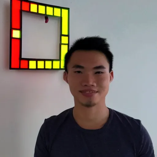 Prompt: a 2 6 year old vietnamese daytrader named jay standing proudly in front of triangular nanoleaf led lights on his wall