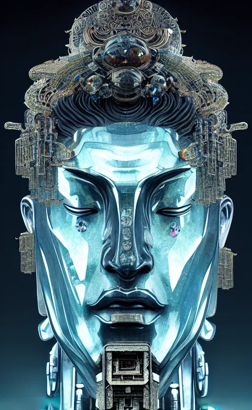 Image similar to thousand - handed guanyin from chinese mythology, ghost, gorgeous and huge head ornaments, dystopian, cyberpunk, mecha, halfturn portrait of a big crystal face made of crystals half - turn, ominous, intricate, studio, art by anthony macbain + greg rutkowski + alphonse mucha, concept art, 4 k, sharp focus