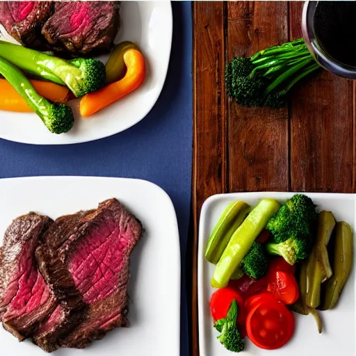 Image similar to steak dinner, large square white plate, vegetables, 4 k