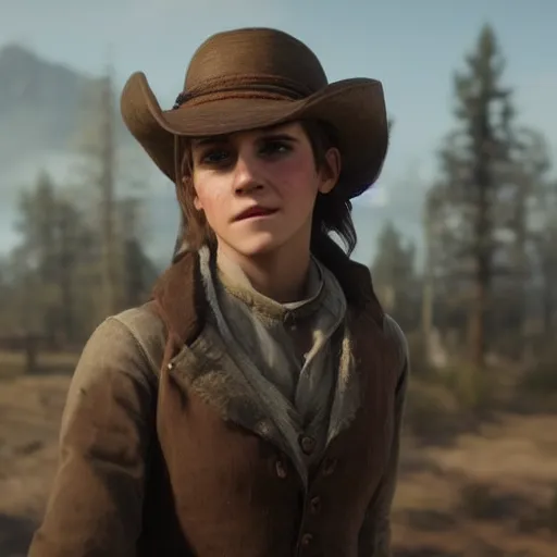 Image similar to Film still of Emma Watson, from Red Dead Redemption 2 (2018 video game)