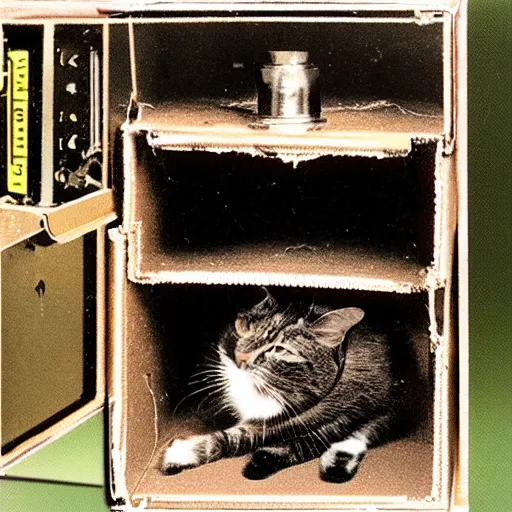 Prompt: full - color 1 9 3 5 photo of schrodinger's cat inside the experimental box. the cat is alive and dead at the same time. the box contains a flask of poison and a radioactive source and a geiger counter. the flask is broken or unbroken. professional science - journal photography.