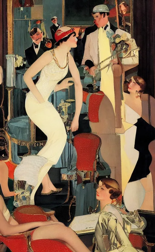 Image similar to an oil painting depicting high society life in the Jazz Age, Fitzgerald, 1920s style, smooth, by Francis Coates Jones, Coles Phillips, Dean Cornwell, JC Leyendecker