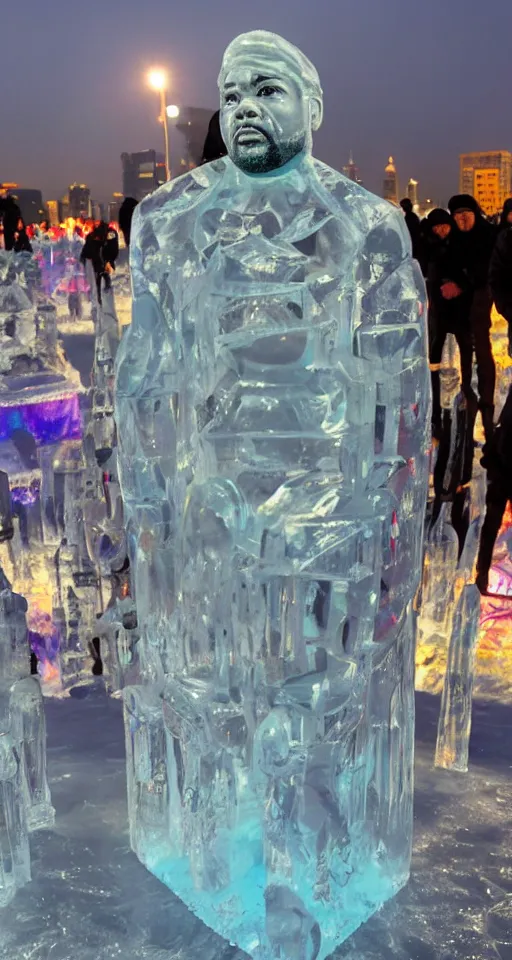 Prompt: dramatic photo, full body statue of rapper'ice cube'frozen in ice at harbin ice festival, full body, wide angle photo, award winning, aurora borealis