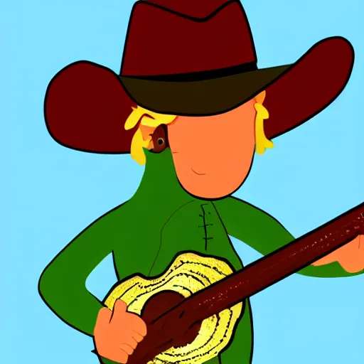 Prompt: an illustration of a alligator playing a banjo and wearing a cowboy hat