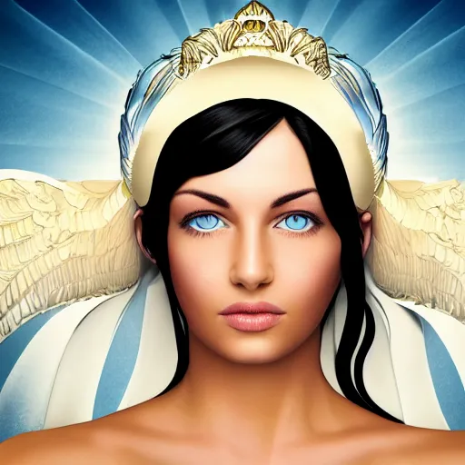 Image similar to portrait of glowing goddess with fair skin and blue eyes beautiful face with black hair