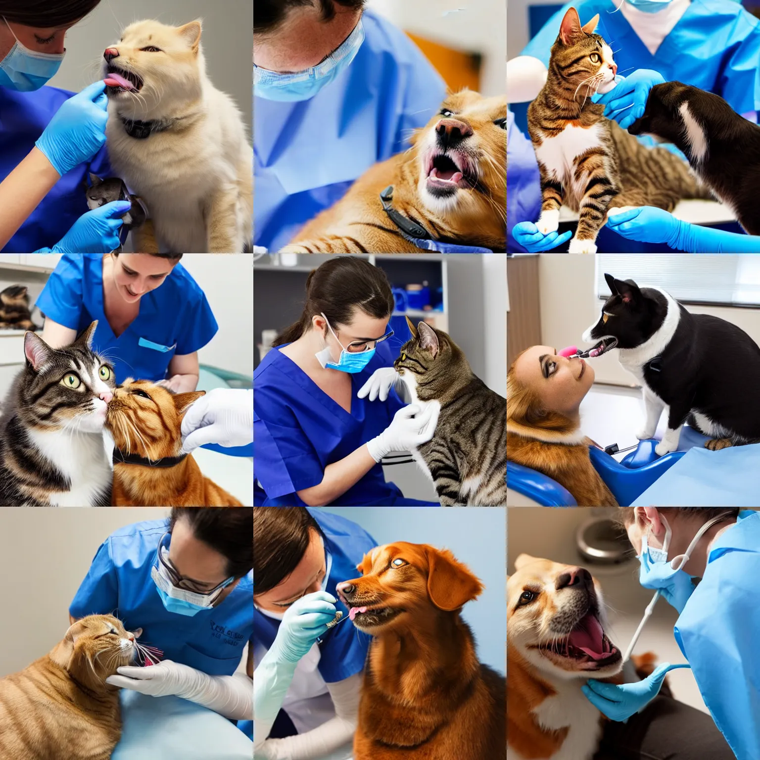 Prompt: A cat dentist treats a dog patient
