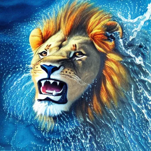 Image similar to a male lion's face breaching through a wall of water, water sprites, splashing, deep blue water color, highly detailed