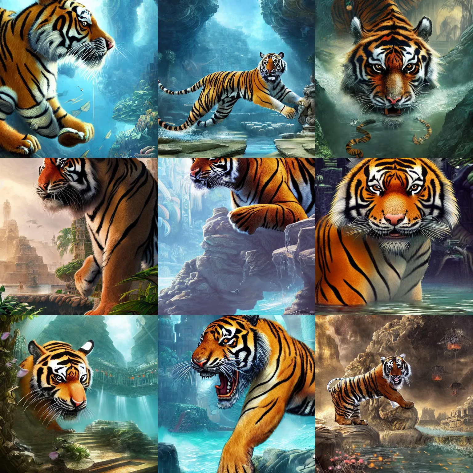 Prompt: a tiger discovering the lost city of atlantis, artstation, by Sakimichan, intricate, elegant, highly detailed, digital painting, smooth, sharp focus