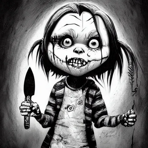 Image similar to grunge cartoon drawing of a cute chucky holding a knife by - michael karcz , in the style of corpse bride, loony toons style, horror themed, detailed, elegant, intricate