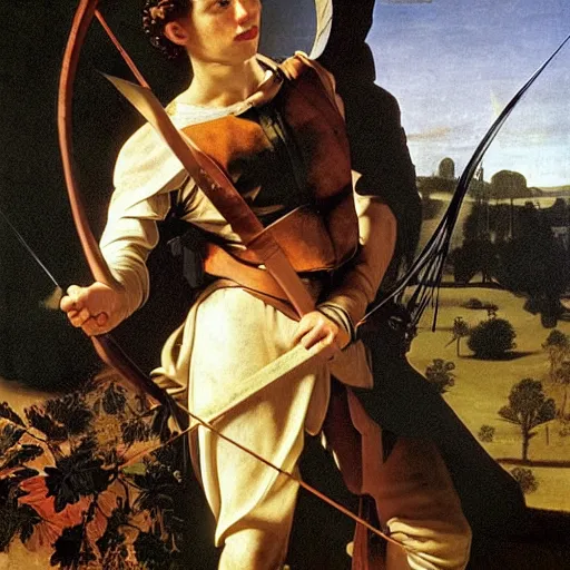 Image similar to Tom Holland wearing green tunic holding a longbow and an arrow. Painted by Caravaggio, high detail