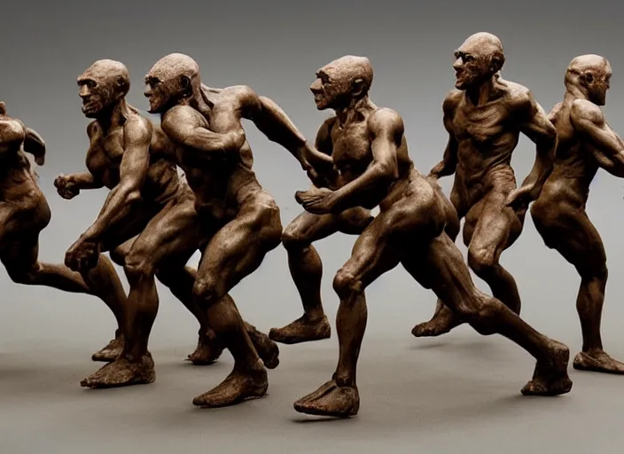 Image similar to a full figure rubber sculpture of a group of running orcs, by Michelangelo, dramatic lighting, rough texture, subsurface scattering, wide angle lens