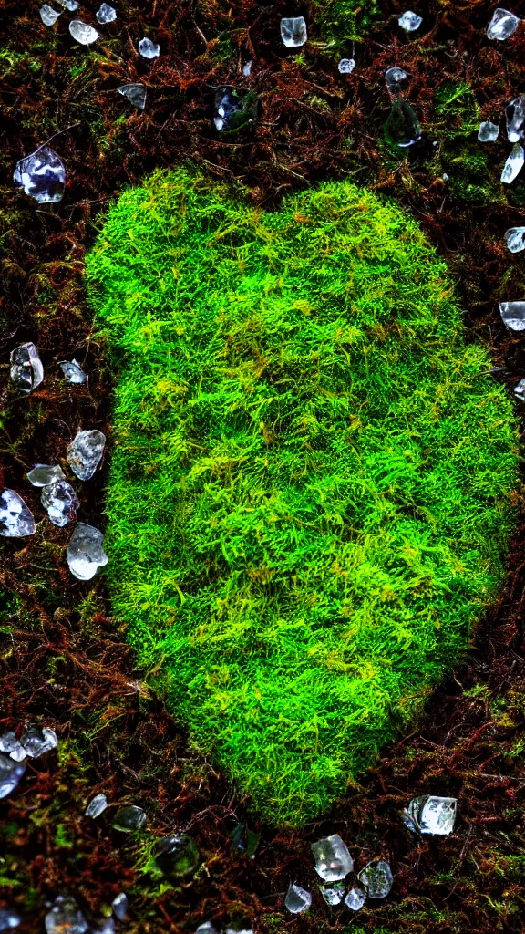 Image similar to macro photo of moss, a crystal heart is laying on the moss, light rays are coming through the leaves above, god rays, beautiful award winning macro photography, trending on artstation