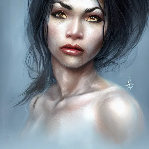 Image similar to beautiful, very strong, mixed race, female, aged 4 0, face, no makeup, head shot, fantasy, highly detailed, digital painting, artstation, concept art, smooth, sharp focus, illustration, art by brom