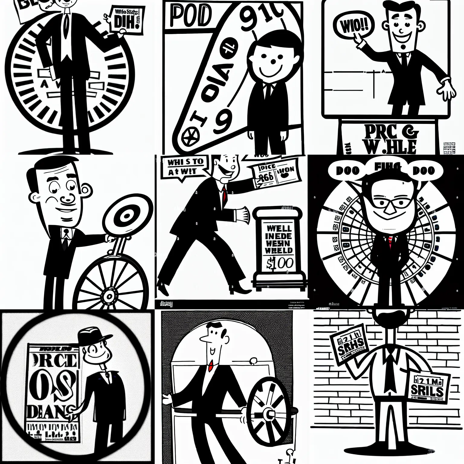 Prompt: well dressed man spinning price is right wheel, cartoon,newspaper illustration , b&w