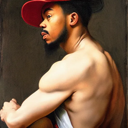 Prompt: a portrait painting of Chance The Rapper as a Poetic Philosopher in the style of Caravaggio, 1599, realistic, detailed